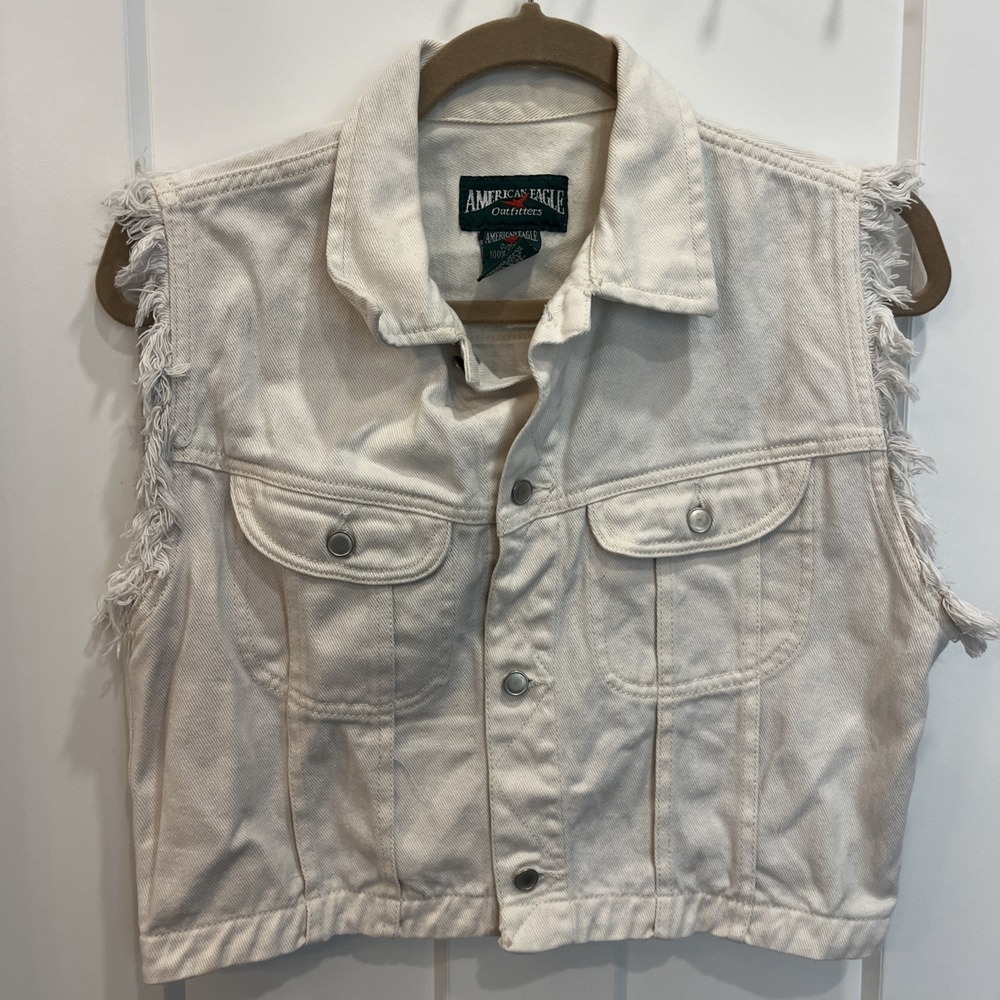 American Eagle Outfitters Women's White Denim Vest Sleeveless Jean Jacket Sz L‎